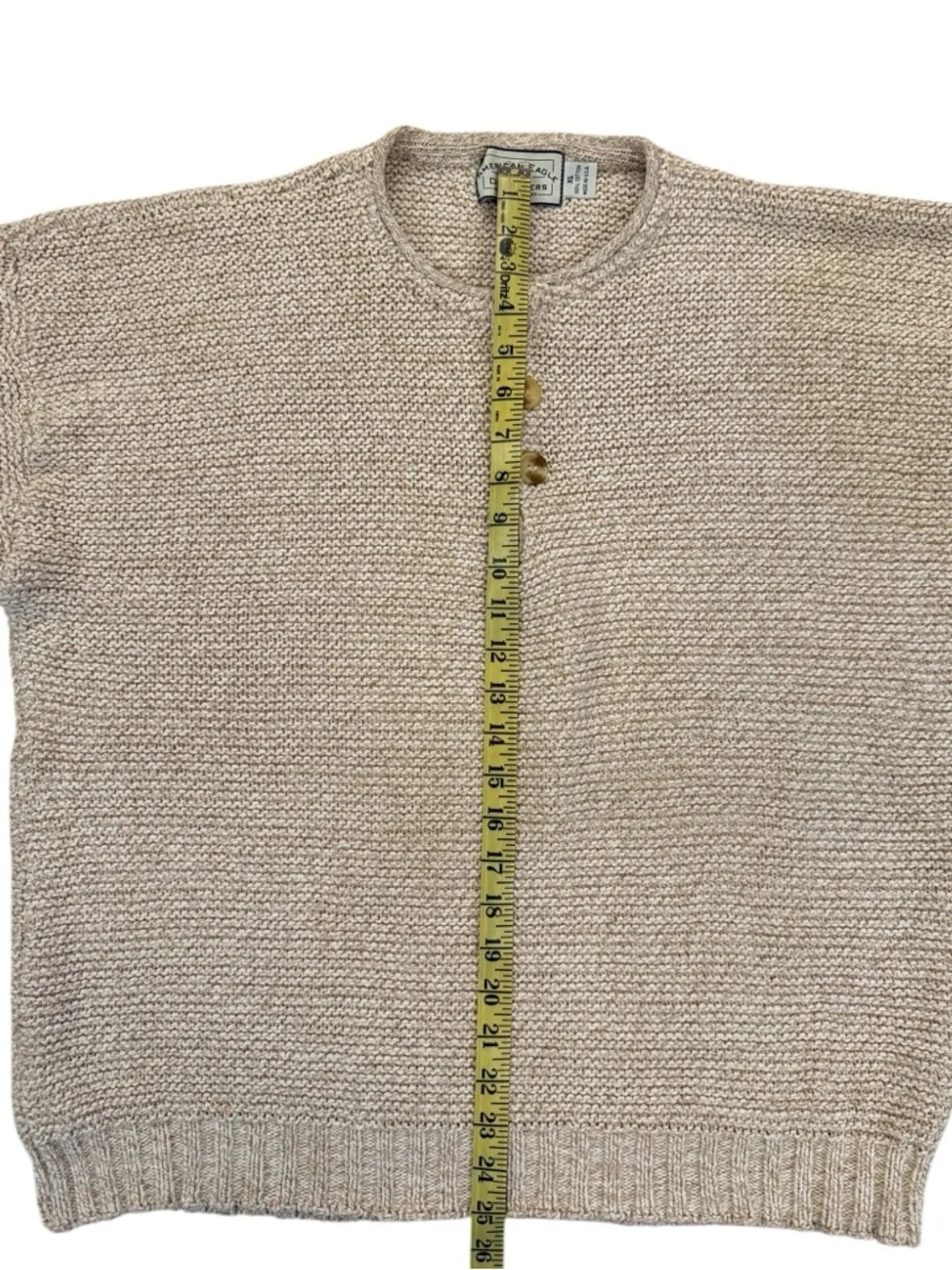 Vintage Y2K American Eagle Henley Sweater Tan Cotton USA XL Textured Rolled Neck - Picture 10 of 13